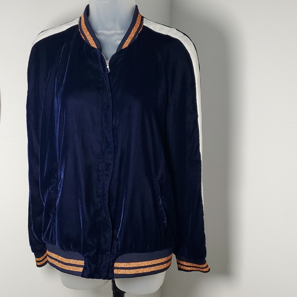 Zara Blue Bomber Jacket with White and Gold Details